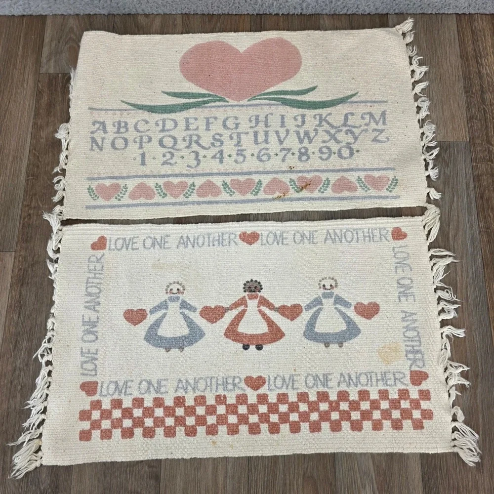Vintage Country Folk Art Woven Placemats‎ Set 4 Saltbox House Heart Sampler Blue